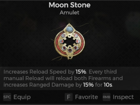 The Moon Stone amulet, a gold and red pendant, and its stats in Remnant 2's The Forgotten Kingdom DLC