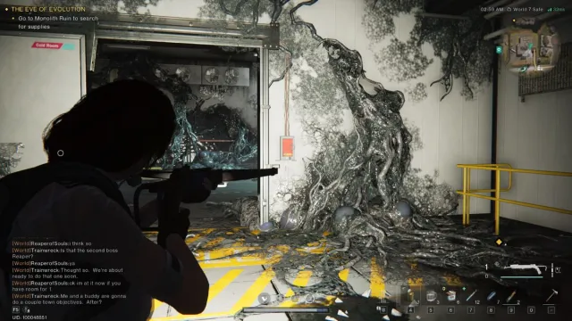 a Once Human screenshot that shows a high tech door in a rotting basement.
