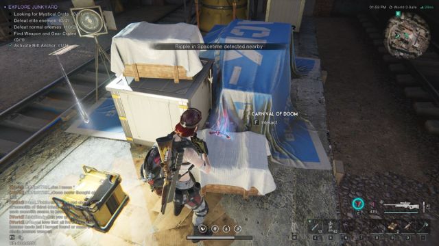A Once Human screenshot that shows a player looking at a revolver on a shipping crate.