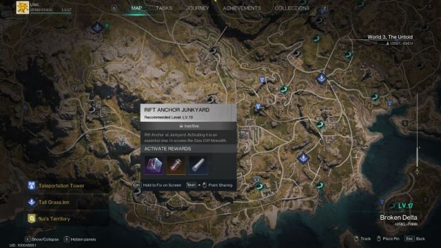 A Once Human screenshot that shows the in-game map with the Rift Anchor Junkyard location highlighted.
