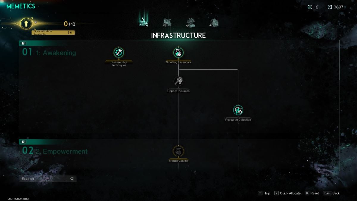 A Once Human screenshot that shows the Memetics Infrastructure menu screen.