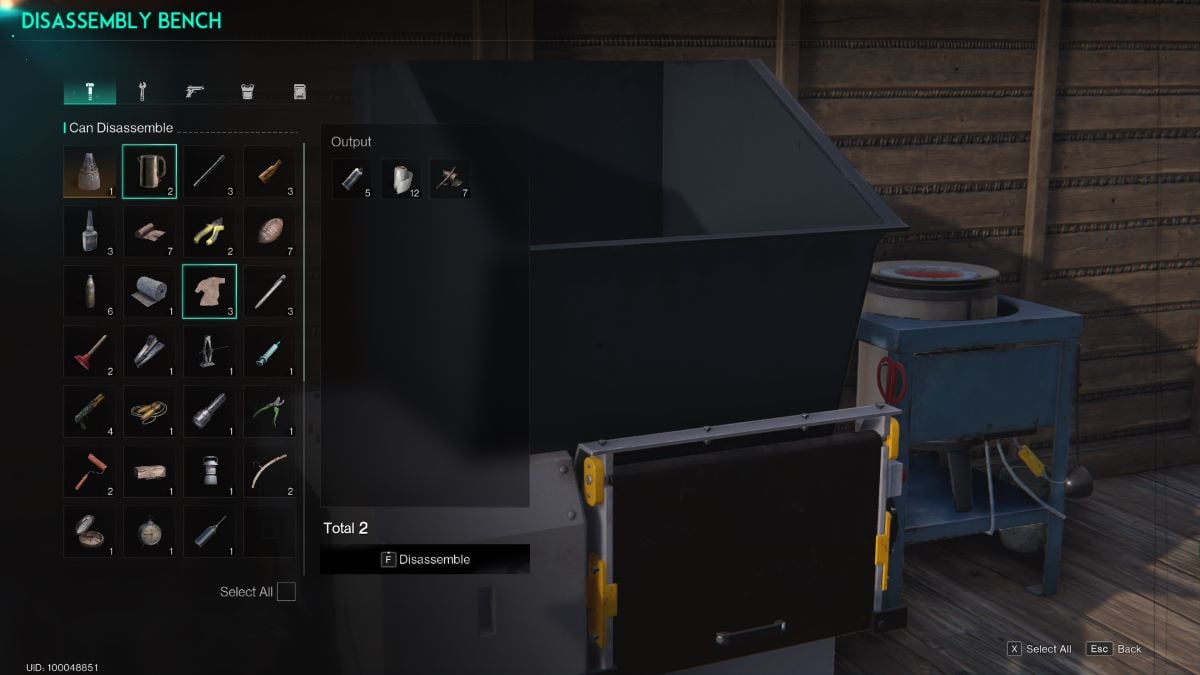 A Once Human screenshot of the Disassembly Bench crafting menu screen.