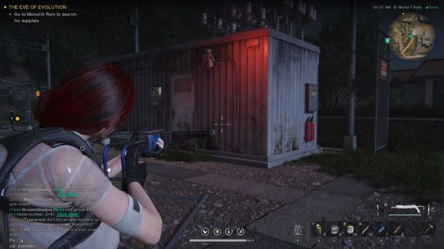 A Once Human screenshot that shows a player aiming a crossbow at a fuse-grid shack.