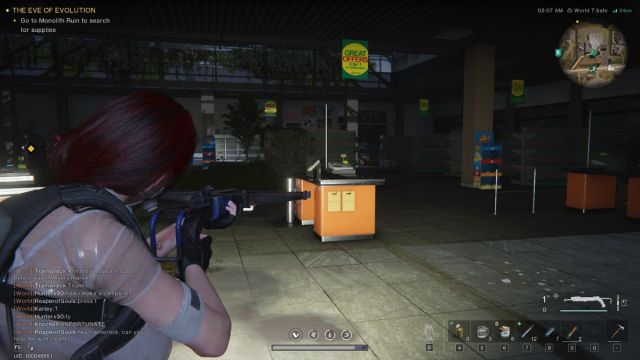 A Once Human screenshot showing a player in a gloomy abandoned grocery store.