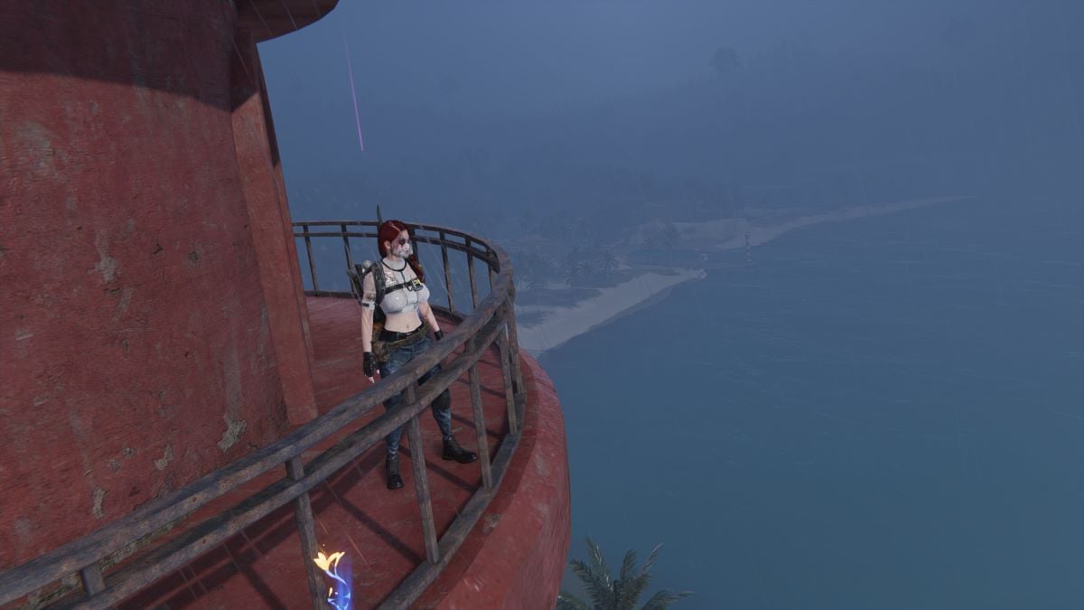 A Once Human camera mode screenshot of a player standing atop a lighthouse looking out to sea.