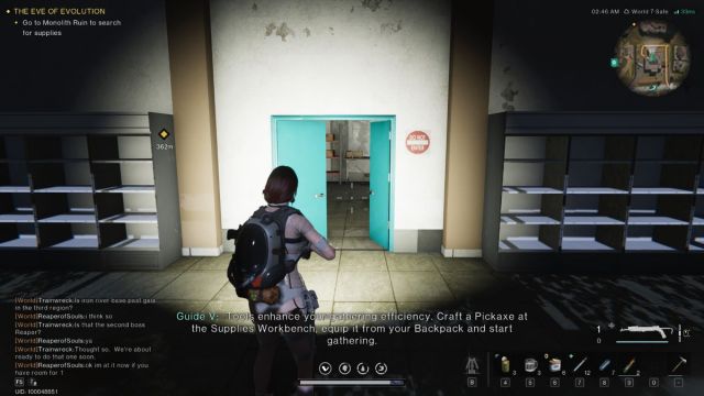 A Once Human screenshot that shows a player facing a set of green double doors along a white wall.