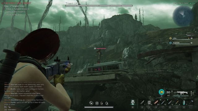 A Once Human screenshot that shows a player aiming a rifle at a Tangled Vine.