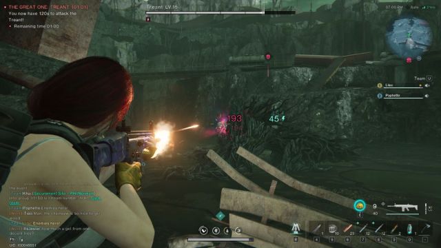A Once Human screenshot of a player shooting the Treant with an assault rifle.