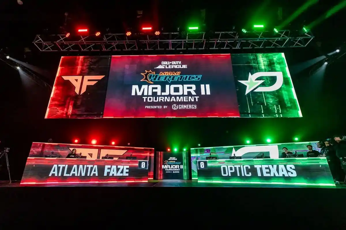 OpTic Texas vs. Atlanta FaZe logos on stage at CDL 2024 Major 2