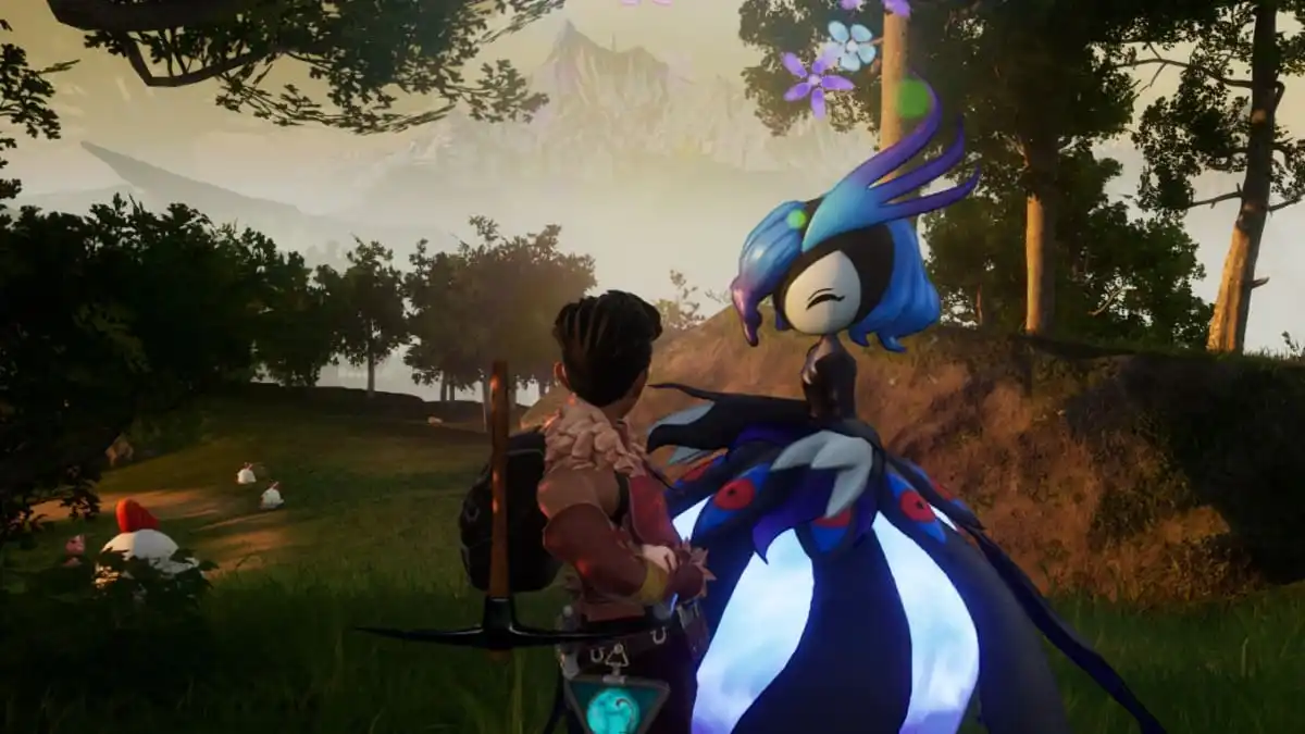A player in Palworld petting a Bellanoir