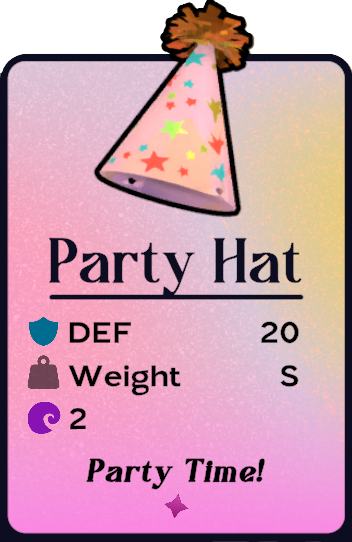 An in-game image of the Party Hat from Another Crab's Treasure, showing the stats of the Party Hat shell