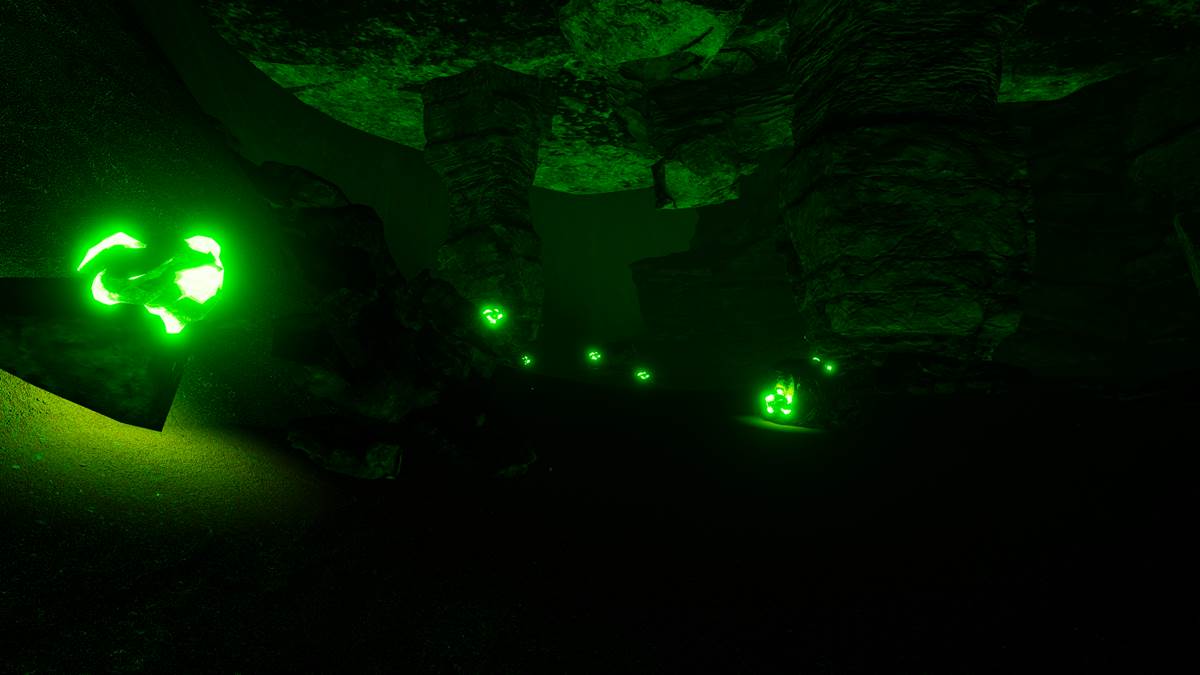 The Planet Crafter Uranium Cave with glowing Uranium chunks sticking out