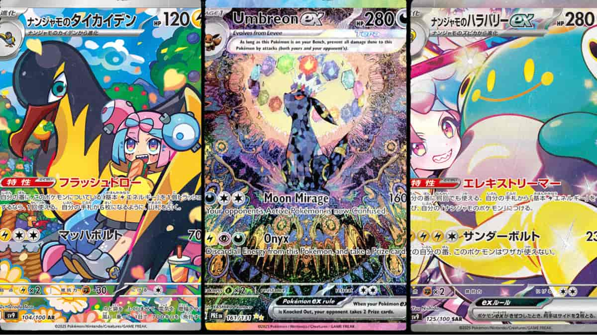 Iono's Kilowattrel, Umbreon ex, and Iono's Bellibolt ex Pokémon cards.