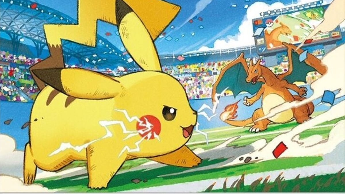 Pikachu and Charizard facing off in Pokemon TCG art.