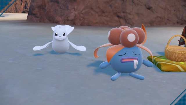 Dewgong and Gloom on a beach in Pokémon Scarlet and Violet