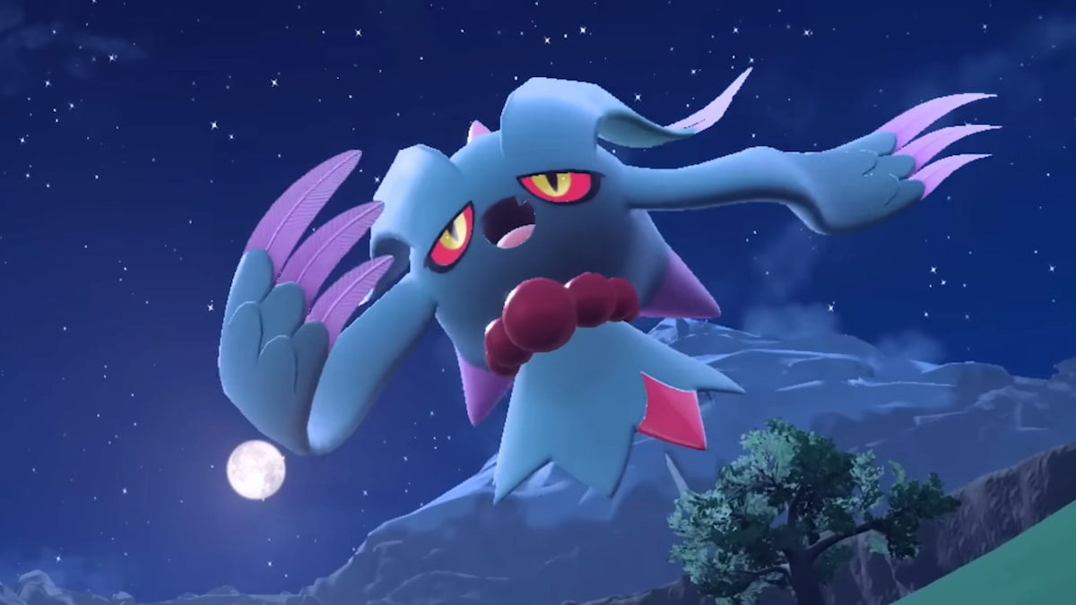Flutter Mane floating in the night sky in Pokémon Scarlet and Violet.