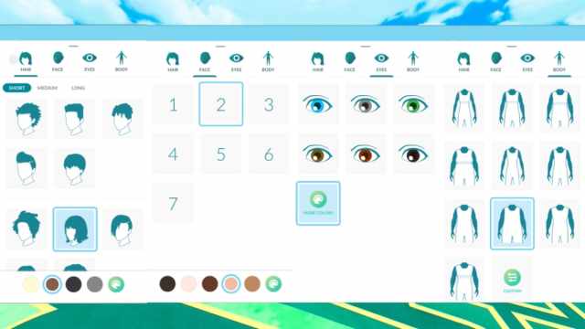 Pokemon Go Character Customization screens for all appearance options.