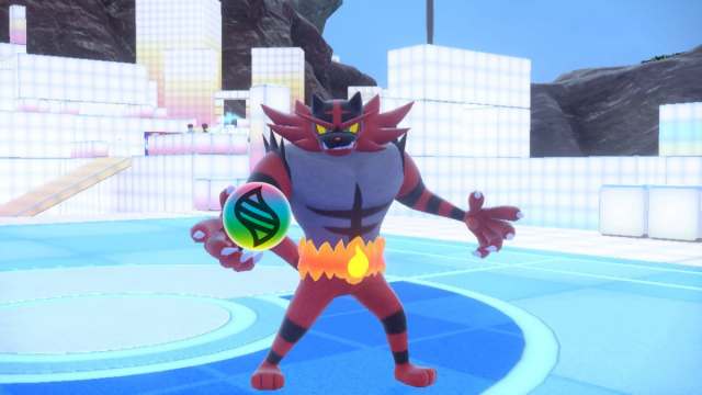 Incineroar holding a Mega Stone in Pokémon.
