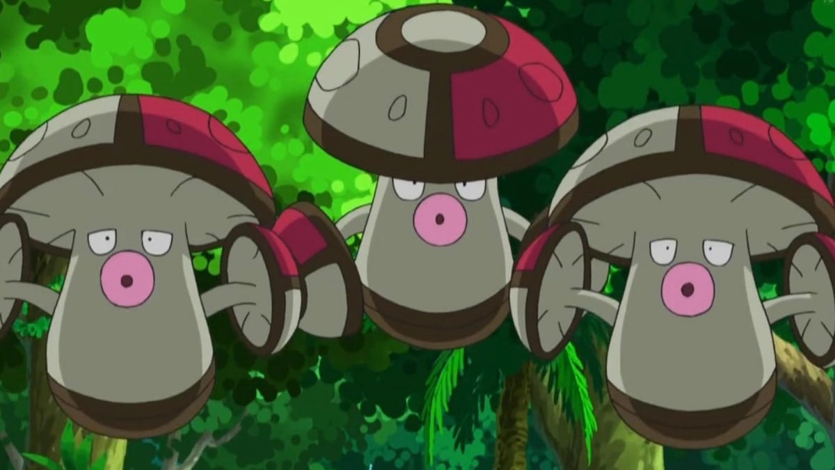 Three Amoonguss hopping in the forest in the Pokémon anime.