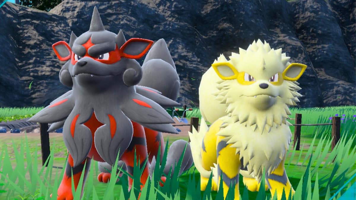Hisuian Arcanine and Shiny Arcanine standing in grass together in Pokémon Scarlet and Violet.