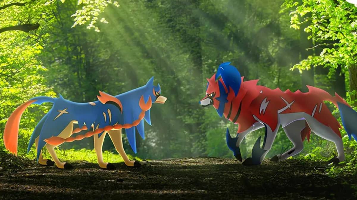 Zacian and Zamazenta facing each other in a forest in Pokémon
