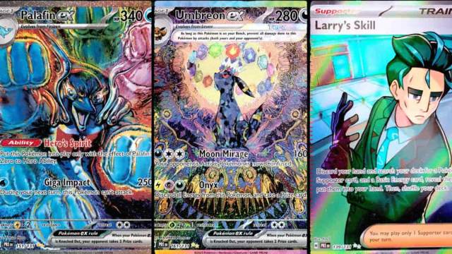 Palafin ex, Umbreon ex, and Larry's Skill from the Pokemon Prismatic Evolution set.