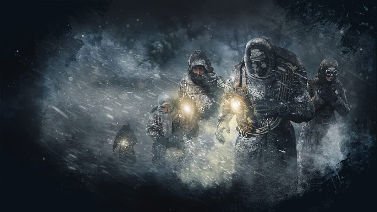 A promotional image of characters in a blizzard from Frostpunk 2