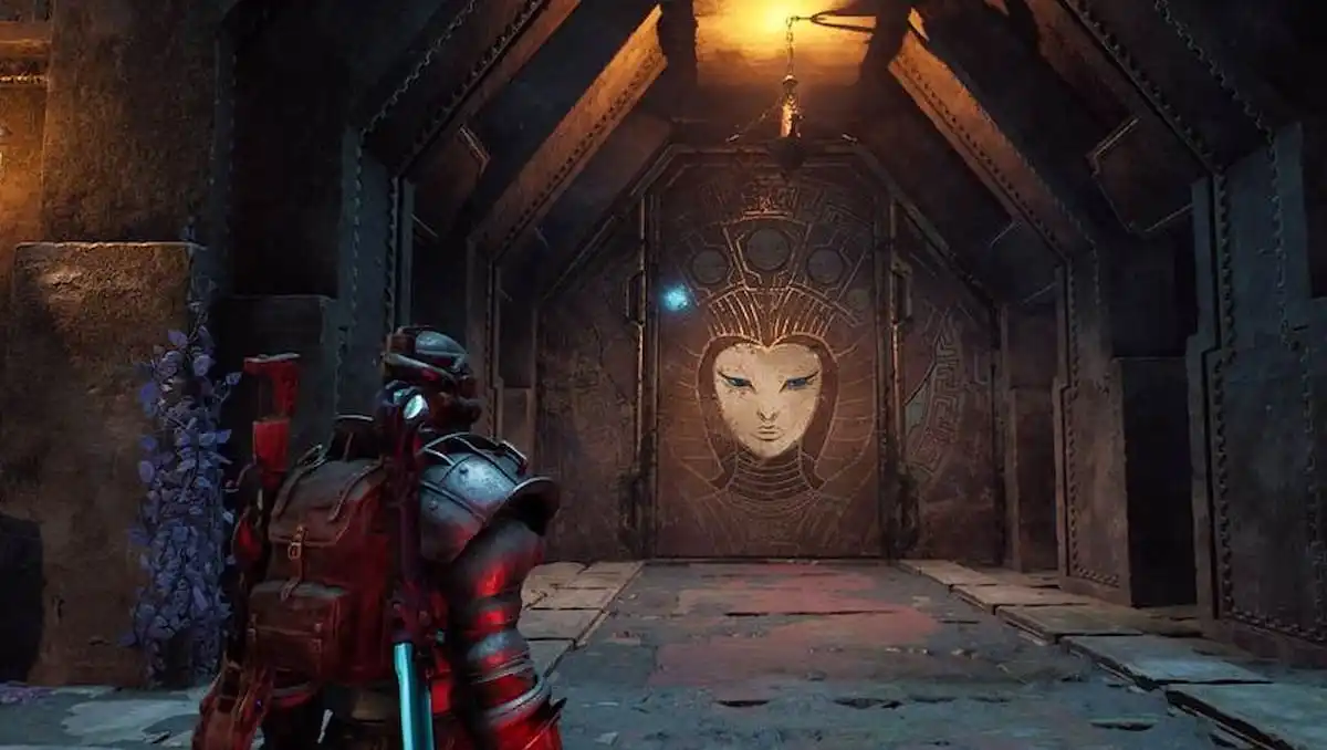 Remnant 2 player is standing in front of the temple door