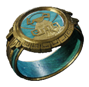 A blue and gold ring with an ancient pattern across the front. 