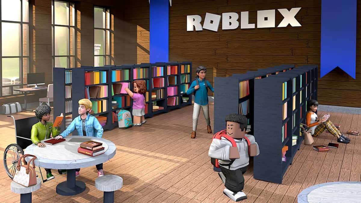 Image showcasing a virtual library-like area with the Roblox logo in the top right corner. There are rows of books in shelves and tables dotted around the place.