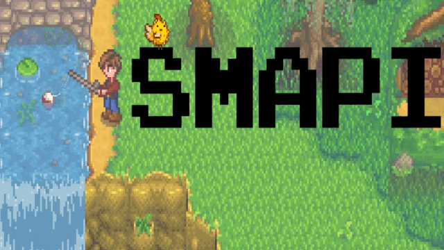 A snapshot of Stardew Valley with the SMAPI logo