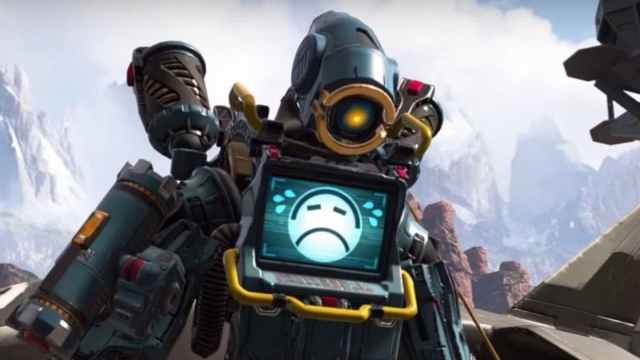Robotic Apex character Pathfinder looking sad, with a frowning face on the robot's chest monitor.