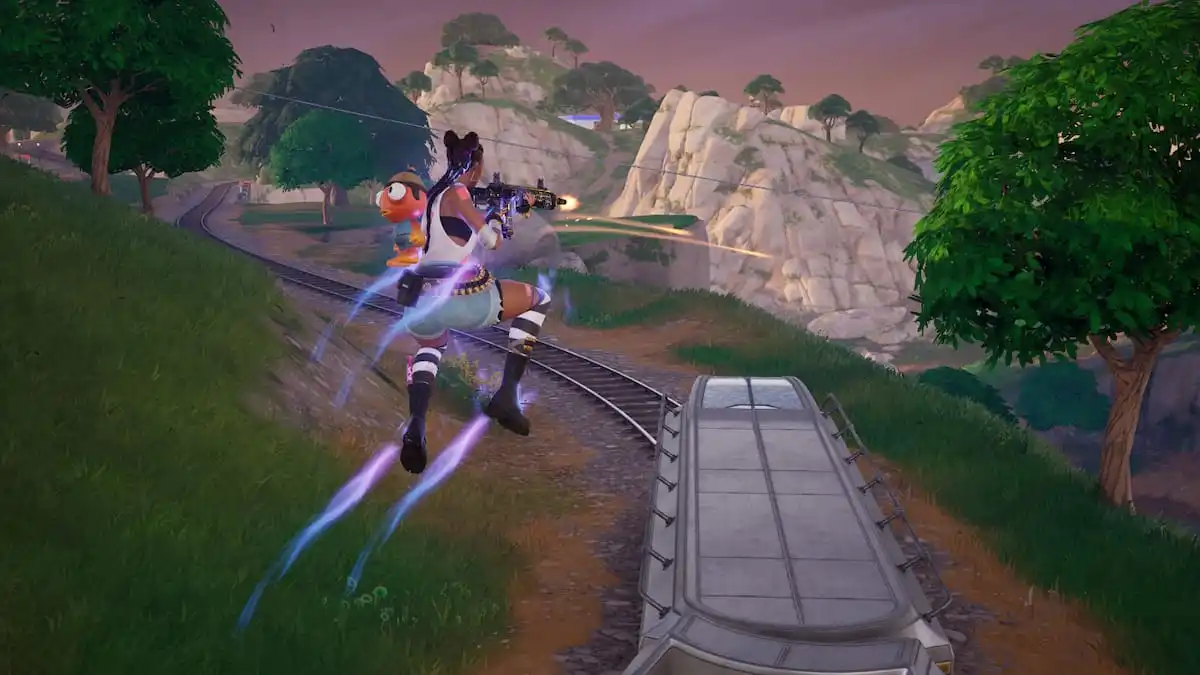 Fortnite player jumping and shooting an enemy over train.