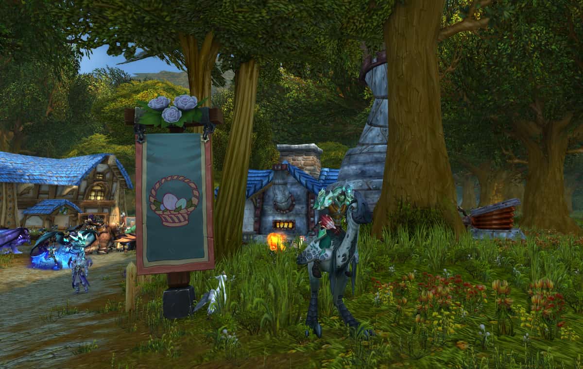A human WoW character on a Noblegarden Mount outside of the Elwynn Forest during Noblegarden 2024