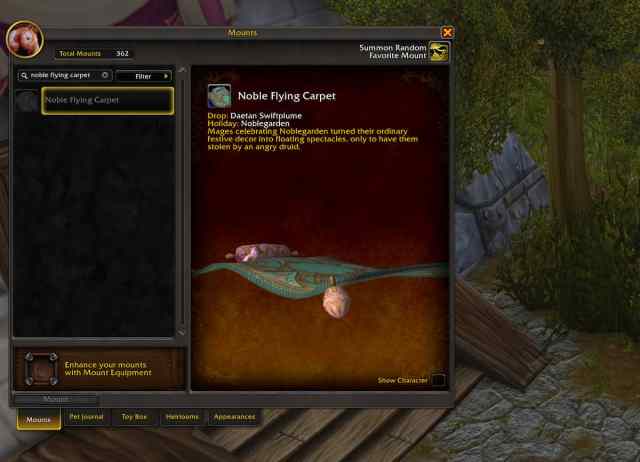 Noble Flying Carpet in the mount journal during WoW's Noblegarden event