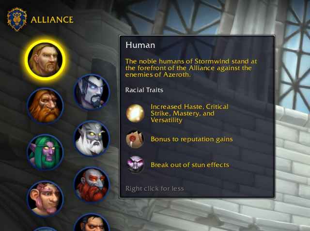 A screenshot in World of Warcraft of the Human racials in the character creation screen