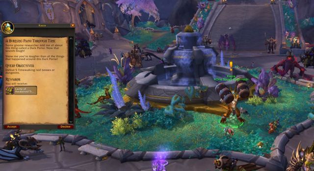 Quest text and Valdrakken behind it for the Burning Path Through Time quest in WoW Dragonflight season four