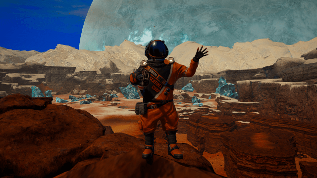 The Planet Crafter character waving with glaciers behind them. Screenshot by Dot Esports