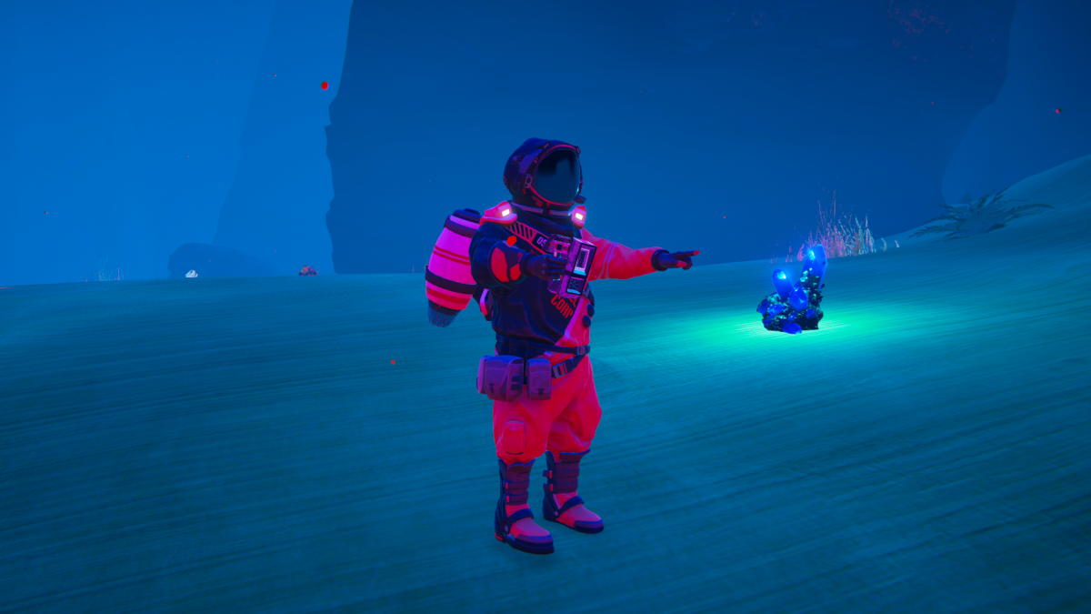 A character pointing at a blue crystal in The Planet Crafter.