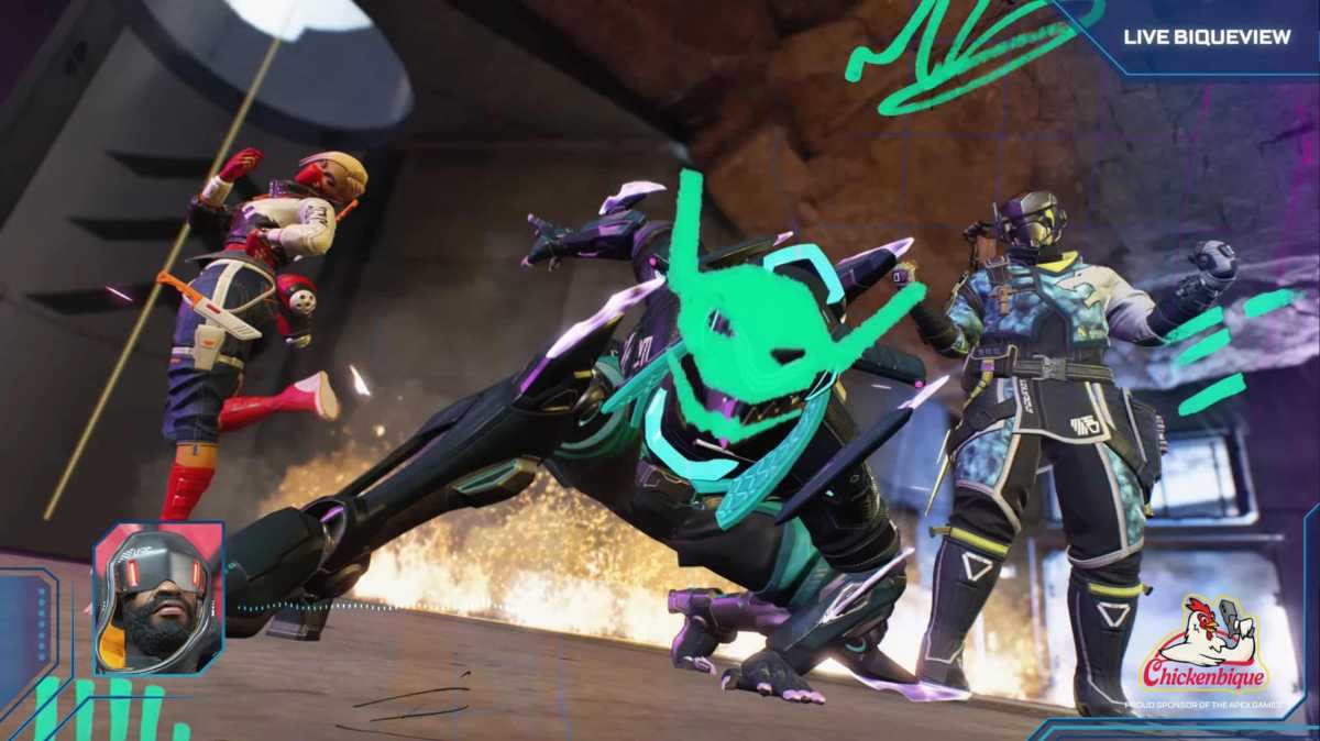 A green devil-like face appears over Octane's with Vantage and Loba appearing in the background.