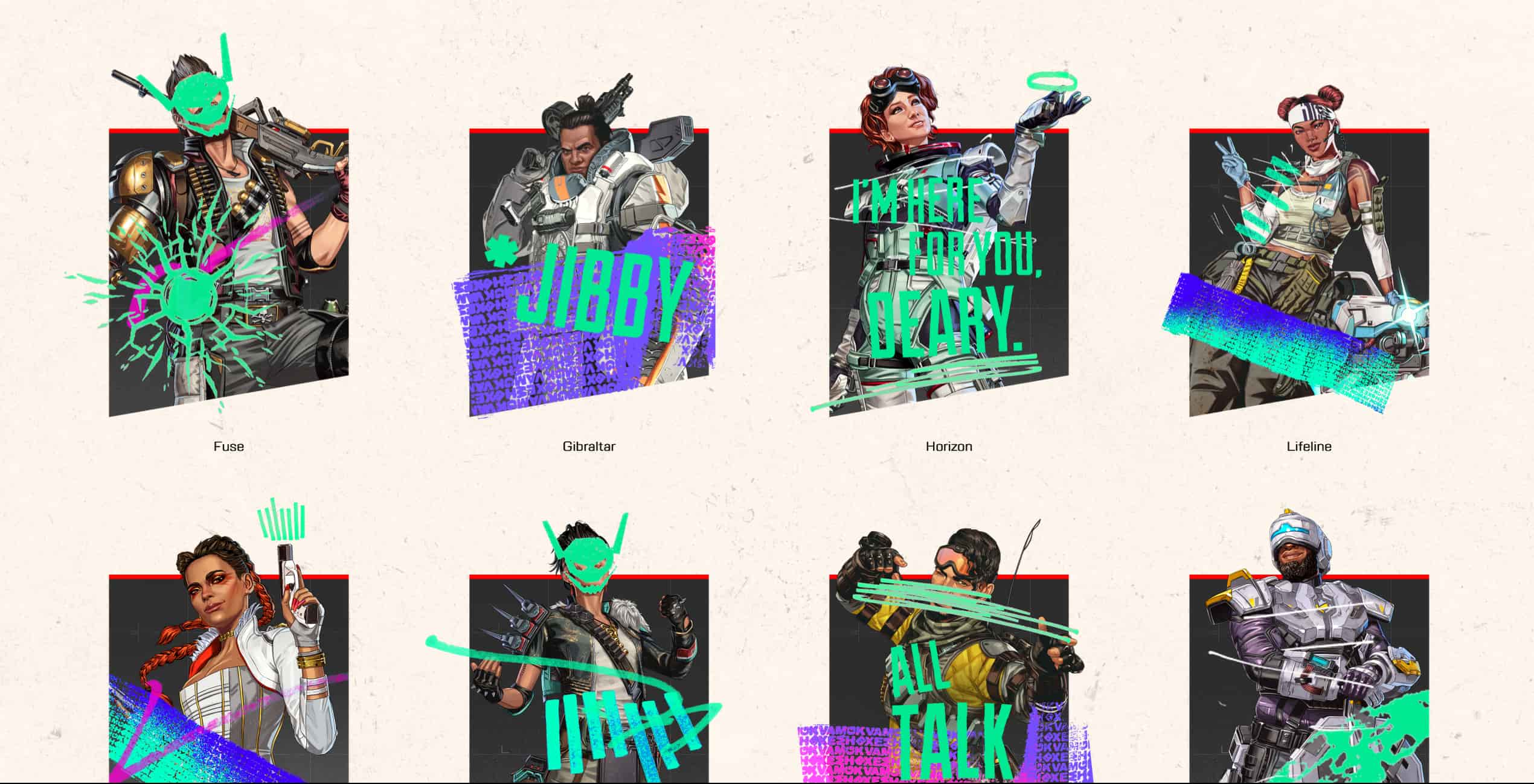 The Apex Legends character portraits featuring green graffiti scrawled over them.