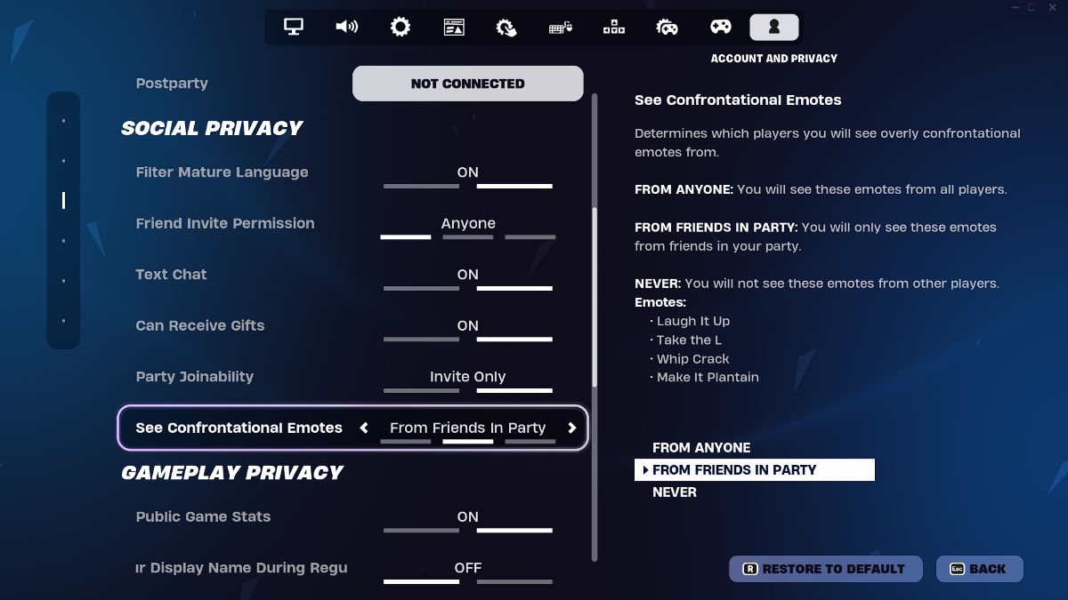 Как отключить конфронтационные эмоции в Fortnite