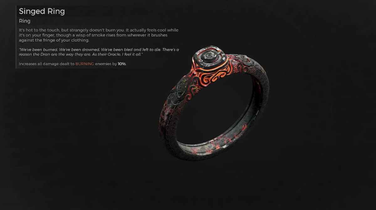 Image showing the Singed Ring and its description in Remnant 2.