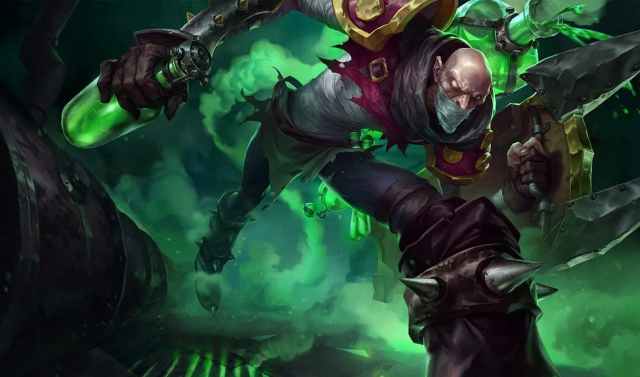 The splash art for Singed, a mad scientist that carries a vial of poison on his back, spilling it wherever he goes.