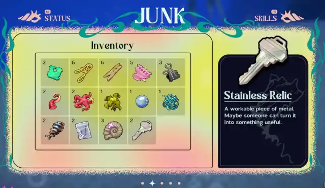 A screenshot of the Junk tab in Another Crab's Treasure, showing a Stainless Relic which is a silver key.