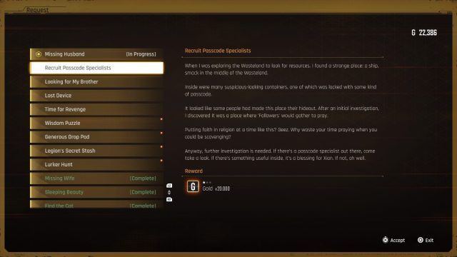 Recruit Passcode Specialists quest description on the Stellar Blade bulletin board