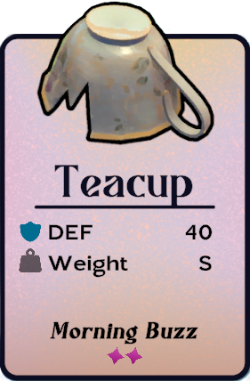 An in-game image of the Tea Cup shell from Another Crab's Treasure, showing the stats of an upside down Tea Cup