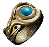 A screenshot of the Thalos Eyelet in Remnant 2 The Forgotten Kingdom. It's a gold ring with swirly patterns and a blue gem in the middle.