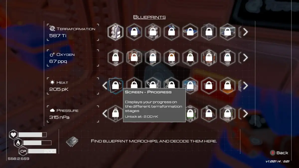 A menu showing unlockable Blueprints in The Planet Crafter.