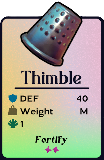 A screenshot from Another Crab's Treasure showing the thimble shell and its stats